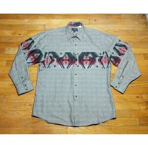 Roper Gray Button-Down Shirt with Red and Green Geometric Stripe